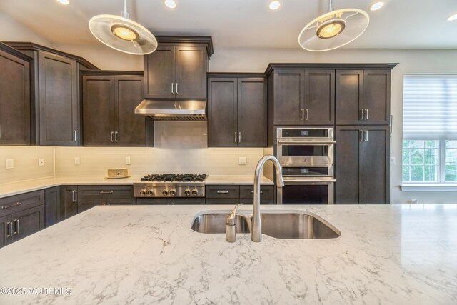 9 Anvil Way, Freehold, NJ 07728 - kitchen featuring under cabinet range hood, appliances with stainless steel finishes, a sink, decorative backsplash, and dark brown cabinetry