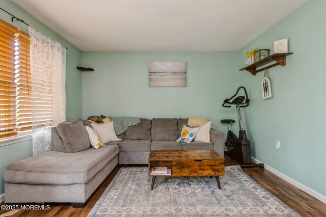 living room featuring wood finished floors and baseboards