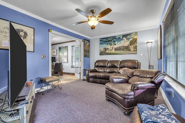 334 E Cape May Ave, Ocean Gate, NJ 08740 - carpeted living area featuring ceiling fan, ornamental molding, baseboards, and healthy amount of natural light
