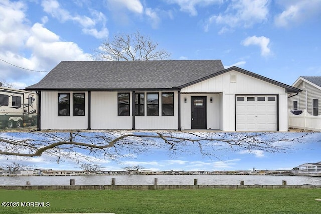 104 Bloomfield Rd, Barnegat, NJ 08005 - view of front of home with a water view, roof with shingles, and a garage