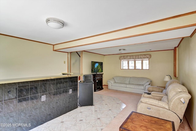 living area featuring crown molding and light carpet