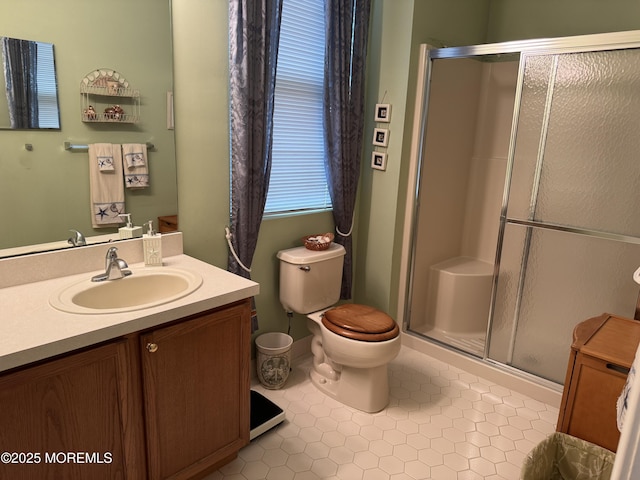 14 Pelican Ln, Little Egg Harbor, NJ 08087 - bathroom with tile patterned floors, a stall shower, vanity, and toilet