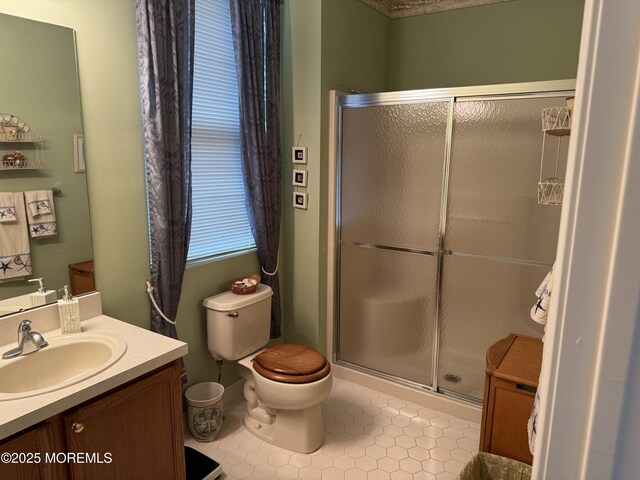 14 Pelican Ln, Little Egg Harbor, NJ 08087 - bathroom with a stall shower, vanity, toilet, and tile patterned flooring