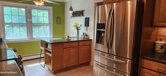 95 Gravel Hill Spotswood Rd, Monroe, NJ 08831 - kitchen with stainless steel refrigerator with ice dispenser, a baseboard heating unit, ceiling fan, open shelves, and brown cabinetry