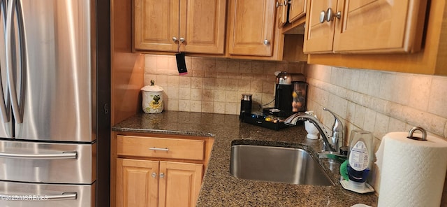 95 Gravel Hill Spotswood Rd, Monroe, NJ 08831 - kitchen featuring freestanding refrigerator, a sink, decorative backsplash, and brown cabinets