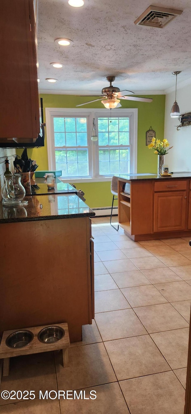 95 Gravel Hill Spotswood Rd, Monroe, NJ 08831 - kitchen with a baseboard heating unit, light tile patterned flooring, ceiling fan, crown molding, and recessed lighting