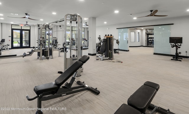 workout area with light colored carpet, a ceiling fan, and recessed lighting