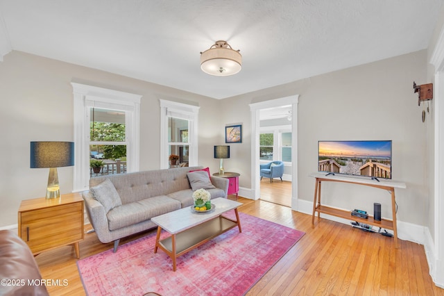 living area with healthy amount of natural light, light wood-style floors, and baseboards