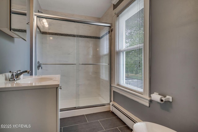 full bath with a baseboard radiator, tile patterned flooring, healthy amount of natural light, and a stall shower