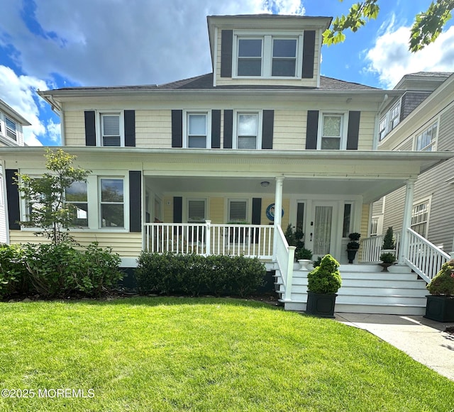 american foursquare style home featuring covered porch and a front lawn