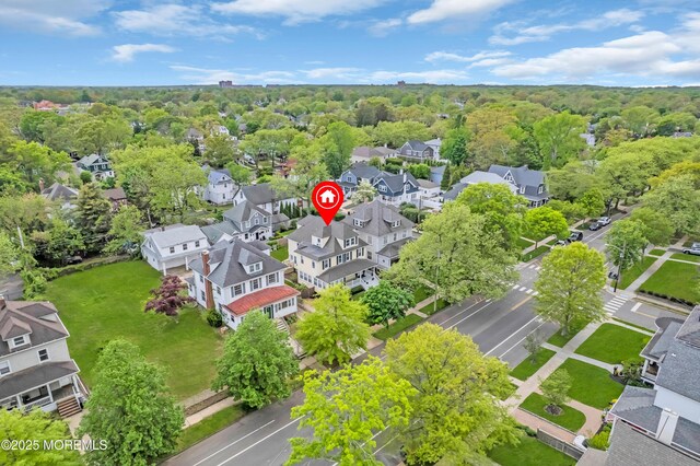 aerial perspective of suburban area with a forest