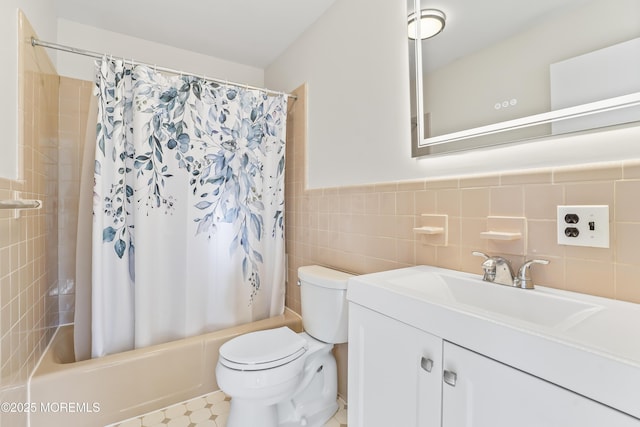 555 Cedar Ave, West Long Branch, NJ 07764 - full bathroom featuring shower / bath combination with curtain, toilet, vanity, and tile walls
