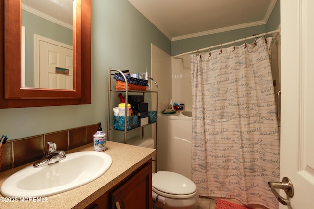 bathroom featuring ornamental molding, vanity, toilet, and a shower with curtain