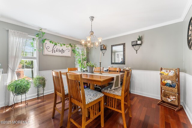 2015 Red Cedar St, Toms River, NJ 08753 - dining space featuring a chandelier, wainscoting, wood-type flooring, and crown molding