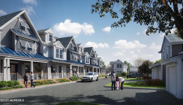 view of street with curbs and a residential view