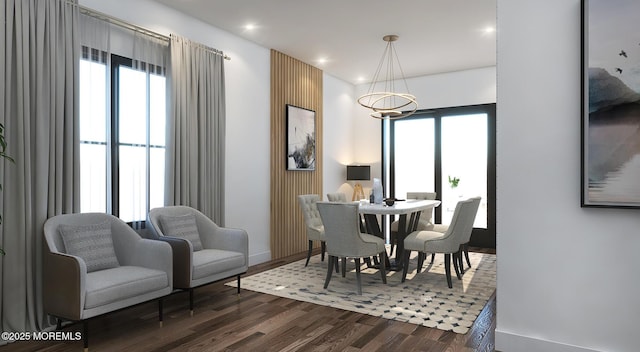 dining space with baseboards, a healthy amount of sunlight, recessed lighting, and dark wood-style floors