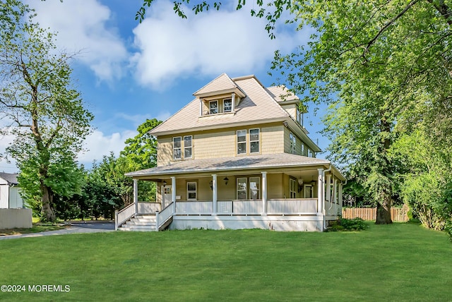 view of front of property with covered porch, fence, and a front lawn