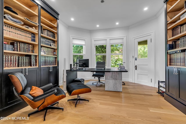 office area with wood finished floors, baseboards, ornamental molding, and recessed lighting