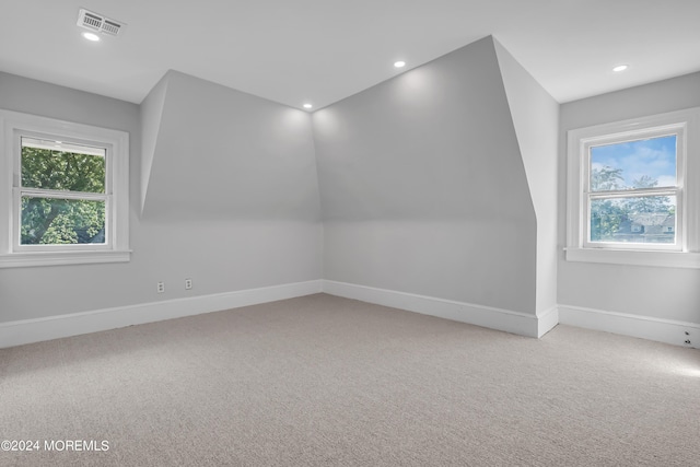 additional living space with a healthy amount of sunlight, visible vents, and carpet
