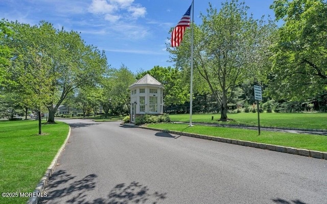 view of asphalt street featuring curbs and view of scattered trees