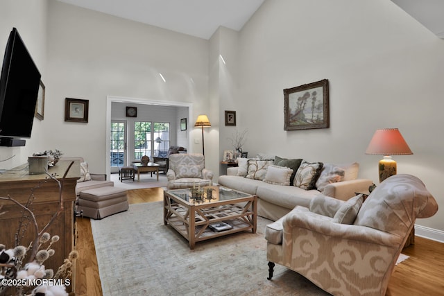 living room with wood finished floors and a towering ceiling