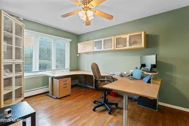 19 Dartmoor Dr, Manalapan, NJ 07726 - office area featuring a baseboard heating unit, ceiling fan, wood finished floors, and baseboards