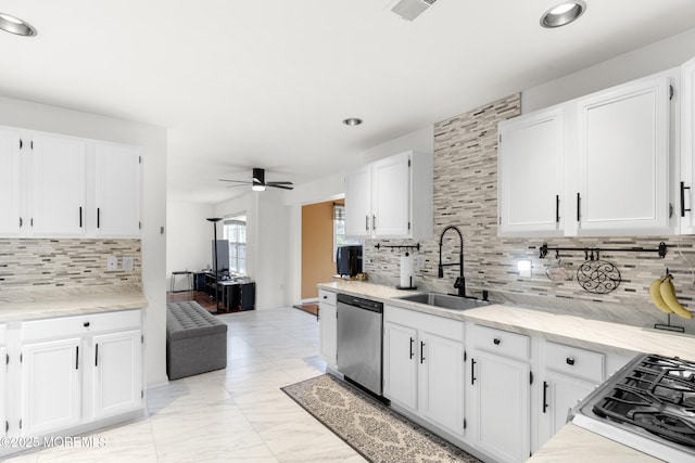 1 Skylark Dr, Jackson, NJ 08527 - kitchen with dishwasher, tasteful backsplash, ceiling fan, white cabinets, and recessed lighting