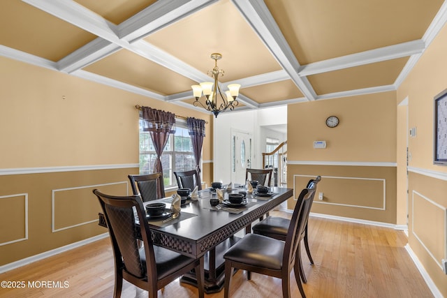1 Skylark Dr, Jackson, NJ 08527 - dining room featuring coffered ceiling, a chandelier, light wood-type flooring, beamed ceiling, and wainscoting