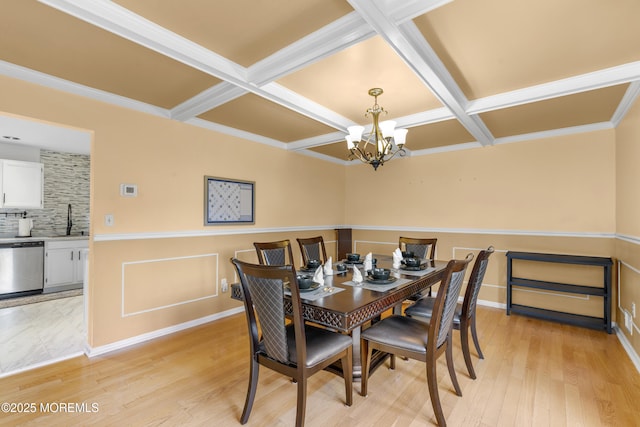 1 Skylark Dr, Jackson, NJ 08527 - dining room featuring coffered ceiling, a chandelier, beamed ceiling, light wood-style floors, and a wainscoted wall