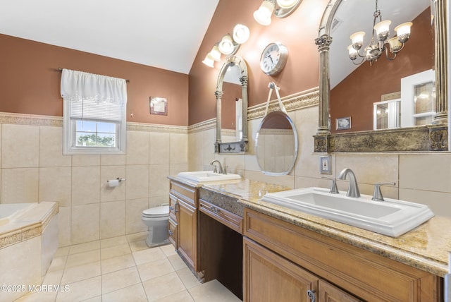 1 Skylark Dr, Jackson, NJ 08527 - full bathroom featuring tile walls, tile patterned flooring, lofted ceiling, double vanity, and a chandelier