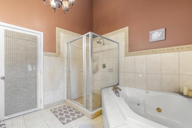 1 Skylark Dr, Jackson, NJ 08527 - full bath with a tub with jets, a shower stall, tile walls, a chandelier, and tile patterned flooring