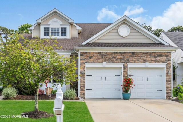 16 Millstone Way, Waretown, NJ 08758 - view of front of home featuring stone siding, a shingled roof, a garage, and concrete driveway
