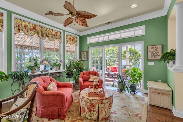 16 Millstone Way, Waretown, NJ 08758 - sunroom / solarium featuring hardwood / wood-style floors, baseboards, recessed lighting, and decorative columns