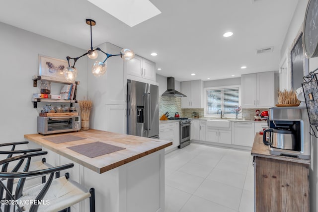 kitchen featuring appliances with stainless steel finishes, wall chimney exhaust hood, butcher block counters, a skylight, and tasteful backsplash
