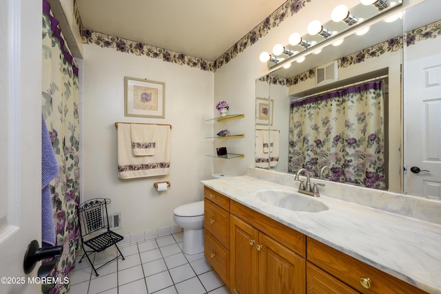 full bath with tile patterned floors, toilet, vanity, and a shower with curtain
