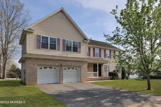 view of front of home with covered porch, aphalt driveway, brick siding, a garage, and a front yard