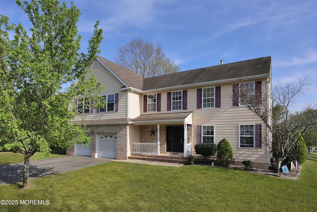 traditional home featuring a front lawn, driveway, a porch, and a garage
