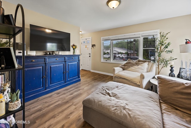 living room featuring wood finished floors and baseboards