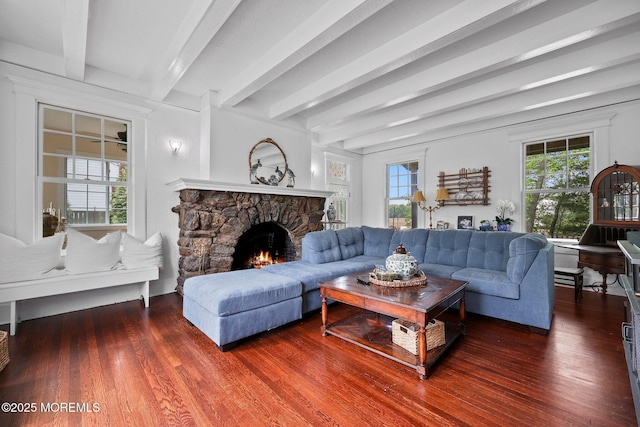 living room featuring beamed ceiling, a fireplace, and wood finished floors