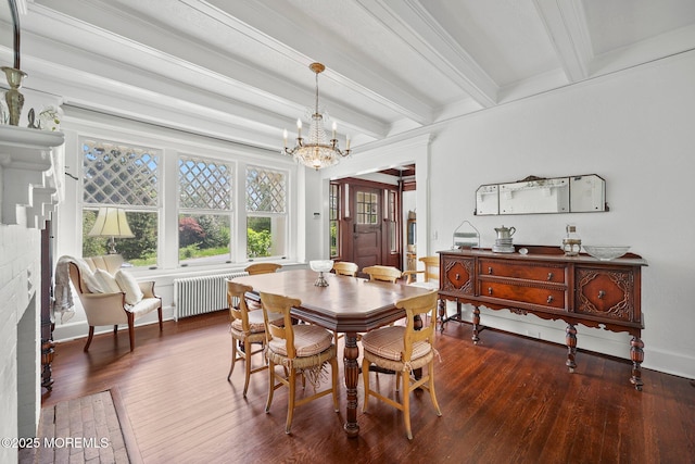 dining space featuring radiator, wood-type flooring, beamed ceiling, a notable chandelier, and baseboards