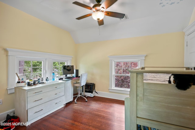 office area featuring dark wood finished floors, a ceiling fan, baseboards, and lofted ceiling