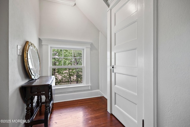 foyer with vaulted ceiling, dark wood-style flooring, and baseboards
