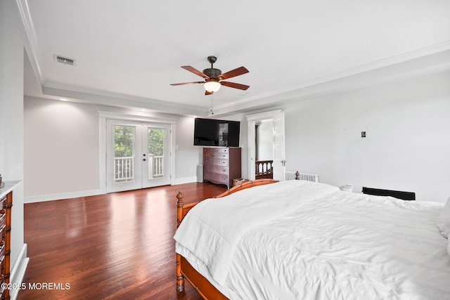 bedroom with french doors, access to exterior, visible vents, ornamental molding, and radiator heating unit