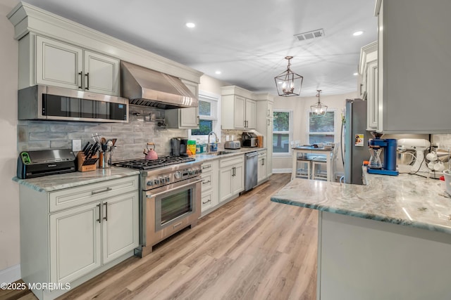 578 Petunia Ln N, Whiting, NJ 08759 - kitchen featuring stainless steel appliances, wall chimney range hood, a sink, backsplash, and light wood-style floors