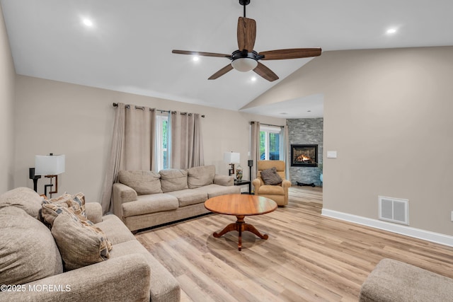 578 Petunia Ln N, Whiting, NJ 08759 - living room featuring ceiling fan, light wood-type flooring, recessed lighting, baseboards, and a fireplace