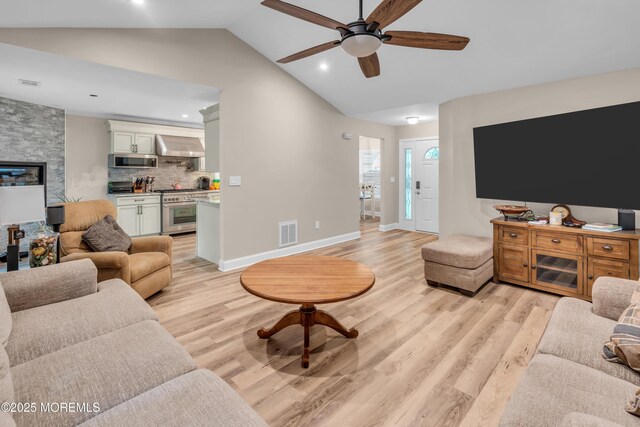 578 Petunia Ln N, Whiting, NJ 08759 - living room featuring a ceiling fan, light wood-style flooring, lofted ceiling, recessed lighting, and baseboards