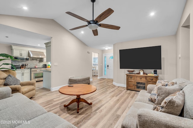 578 Petunia Ln N, Whiting, NJ 08759 - living room with ceiling fan, lofted ceiling, light wood-style flooring, baseboards, and recessed lighting