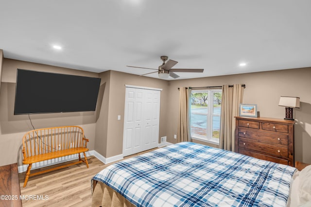 578 Petunia Ln N, Whiting, NJ 08759 - bedroom featuring light wood-style flooring, baseboards, a closet, recessed lighting, and ceiling fan