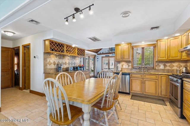kitchen featuring stainless steel appliances, a sink, decorative backsplash, stone tile floors, and stone countertops