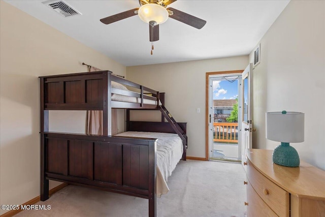 bedroom with access to exterior, light carpet, baseboards, and ceiling fan